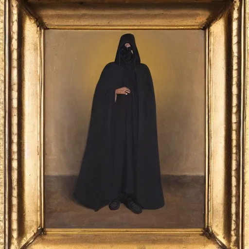 Image similar to a man wearing long dark shadowy cloak, golden chains, face covered by shadow, oil painting, high detail