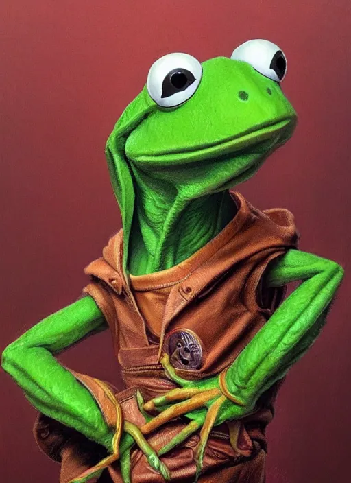 Image similar to portrait of Kermit the frog from Society (1989), intricate, highly detailed, centered, digital painting, artstation, concept art, smooth, sharp focus, illustration, artgerm, donato giancola, Joseph Christian Leyendecker, WLOP, Artgerm