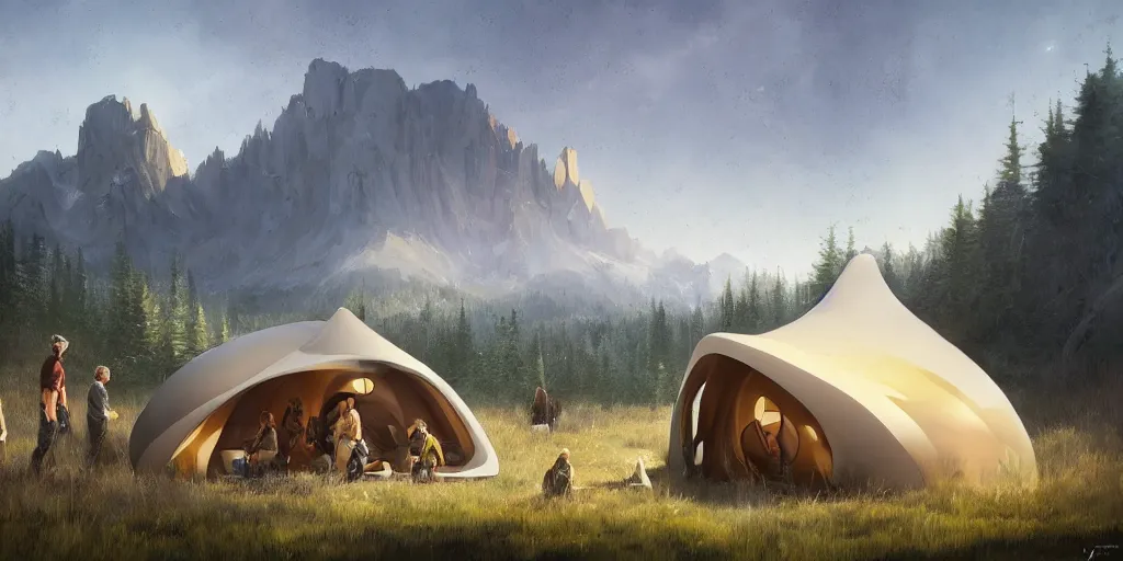 Image similar to cabela's tent futuristic pop up family pod, cabin, modular, person in foreground, mountainous forested wilderness open fields, beautiful views, painterly concept art, joanna gaines, environmental concept art, farmhouse, magnolia, concept art illustration by ross tran, by james gurney, by craig mullins, by greg rutkowski trending on artstation