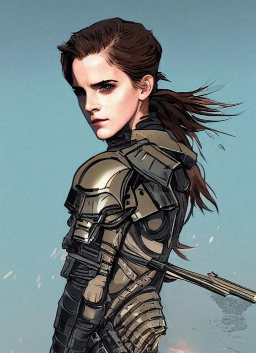 Image similar to fashion model emma watson wearing metal gear armour art by Hokusai by greg rutkowski by wlop high detail comic sharp vector lineart dramtic lighting artstation by trevor henderson by rossd raws cinematic dramatic