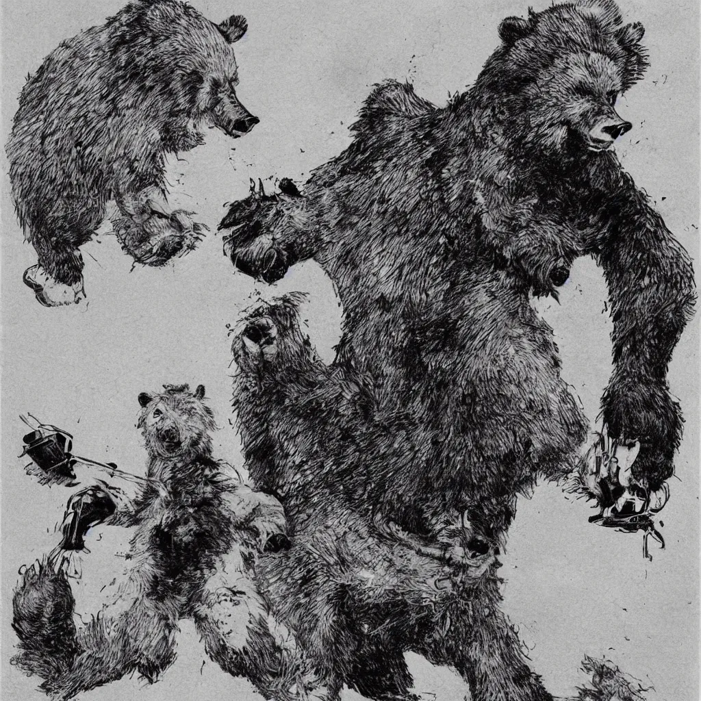 Image similar to style of the salvador dali, a werebear robbing a bank