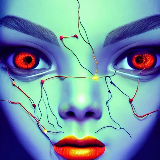 Image similar to beauty, many third eyed humanoids eye forehead, wide wide body portrait, vivid colors, thin wires, beautiful lighting