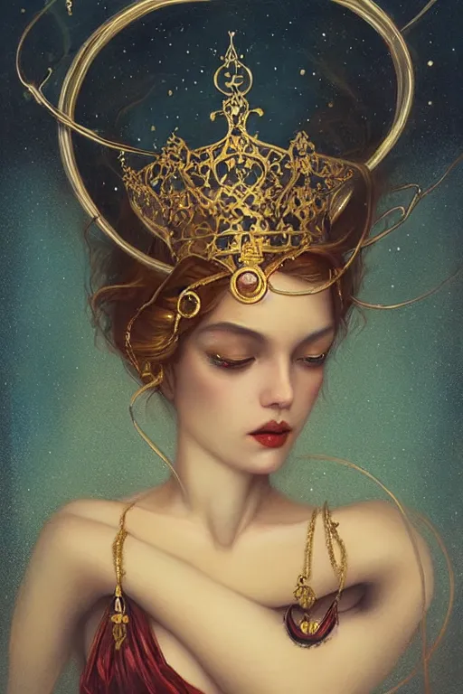 Prompt: Gold Crown with iridescent pearls, jewels, other worldly, art nouveau, by Anato Finnstark, Tom Bagshaw, Brom