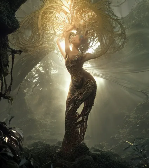 Image similar to beauteous practical sumptuous biomechanical with incredible hair, projected ray traced oled retinal overlays, crystalline masterpiece incrustations, hyperdetailed face, elegant pose, movie still, intricate, octane render, cinematic forest lighting, cgsociety, unreal engine, crepuscular rays, god rays