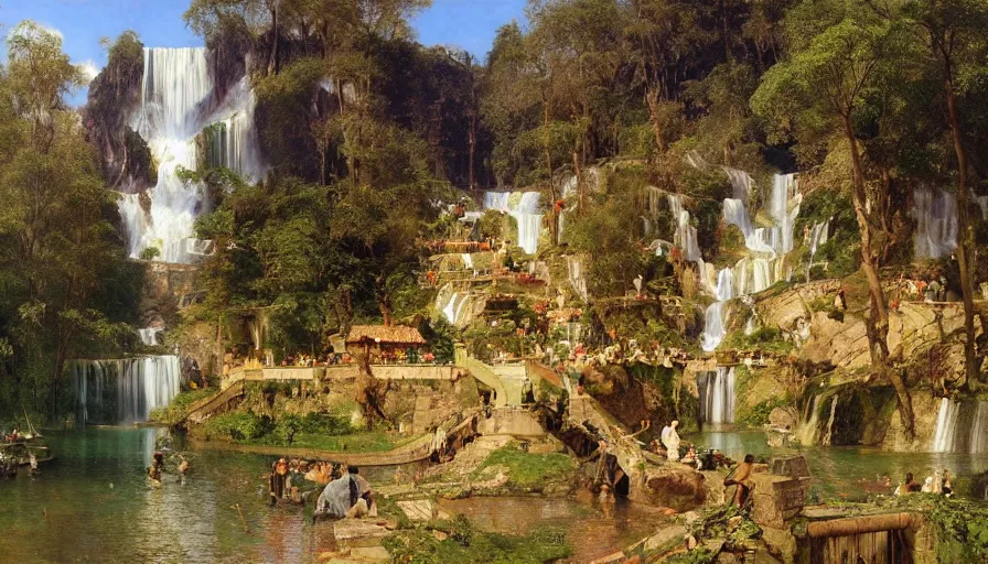 Image similar to a small village by a lake, waterfalls, cascades, very detailed, by john berkey, albert bierstadt, ruan jia, lawrence alma tadema, zdzislaw beksinski, carl spitzweg, everett raymond kinstler, norman rockwell, jack kirby, tom lovell, greg staples