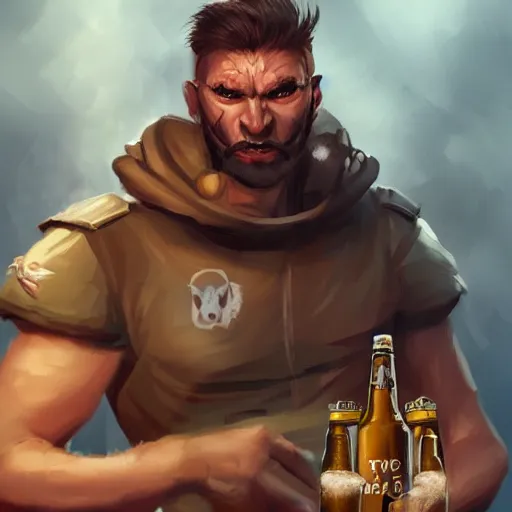 Image similar to a humanoid german shepherd beast - man in military style, holding a bottle of beer, artstation, concept art, smooth, sharp foccus ilustration, artstation