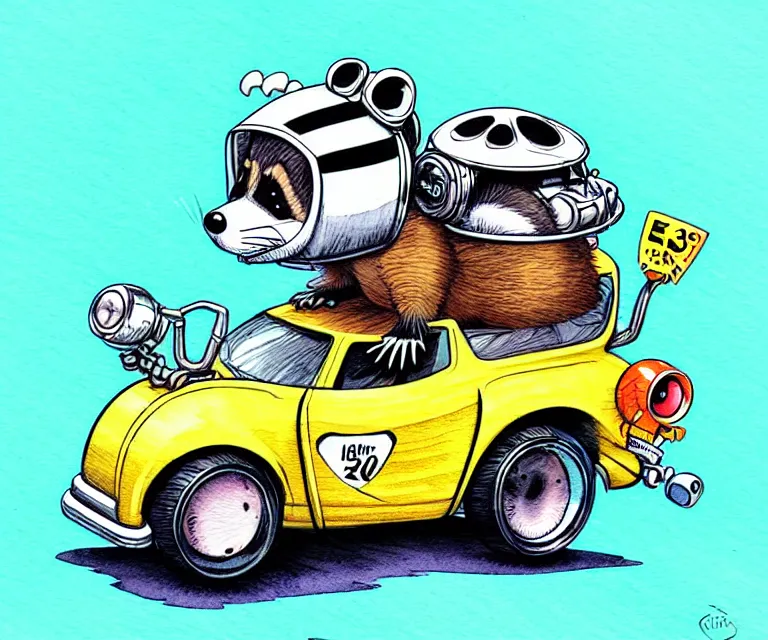 Image similar to cute and funny, racoon wearing a helmet riding in a tiny hot rod with oversized engine, ratfink style by ed roth, centered award winning watercolor pen illustration, isometric illustration by chihiro iwasaki, edited by range murata