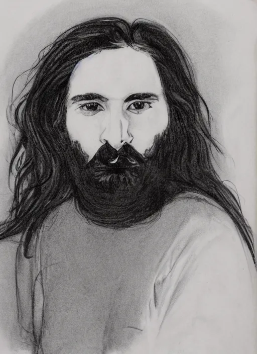 Image similar to portrait of a 23 year old man with long dark hair and a beard looking down on a canvas he is holding on his lap,charcoal drawing, psychedelic, in a minimalistic style