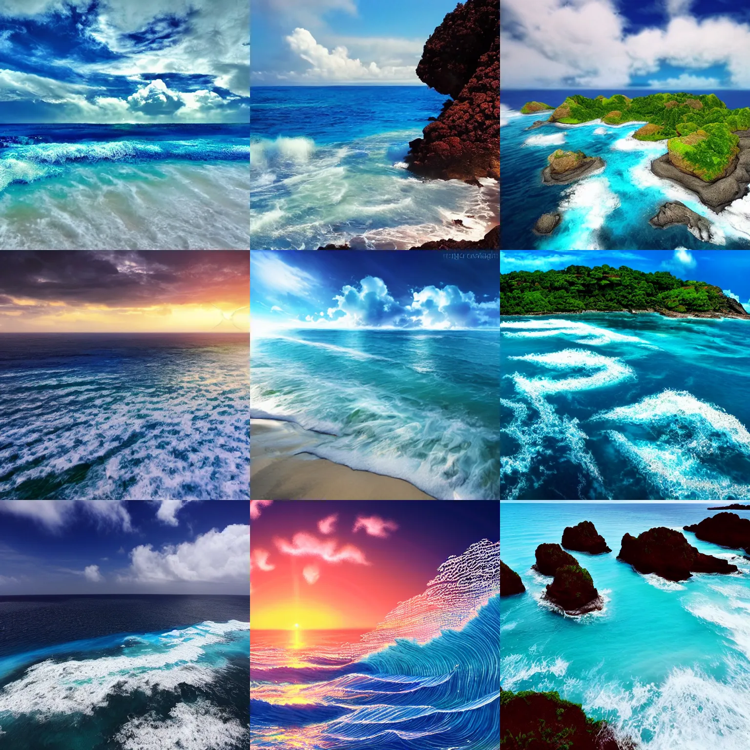 Prompt: archipelago with blue sea, islands!!!!!, foamy waves, breathtaking clouds, intricate detail, 8k, beautiful atmosphere, anime