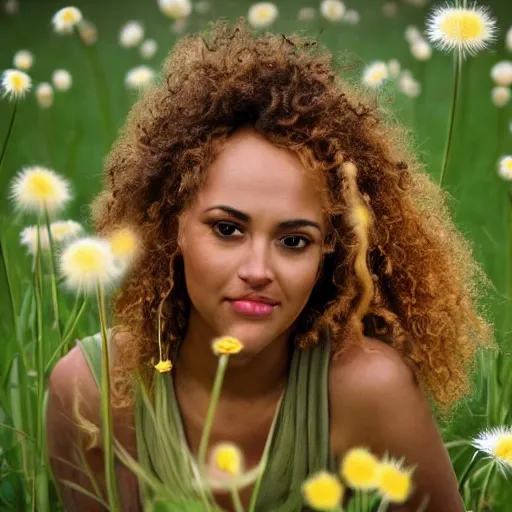 Image similar to a portrait of a beautiful 3 5 year old racially ambiguous woman, curly blond hair, standing in a field of soft focus dandelion flowers on a lovely spring day