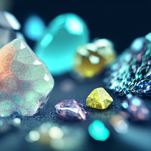 Image similar to macro photo of precious stones with fungal cultures and mold with little pastel coloured filaments, octane render, tilt shift, polarized light, ultrasharp focus, unreal engine 5, bokeh background, hyperrealism, vray