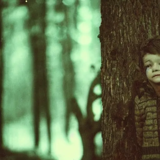 Prompt: kid looking at camera in forest at night, far away from camera, 70s photo, out of focus, motion blur, cctv footage, horror movie, horror lighting, blair witch project, old photo