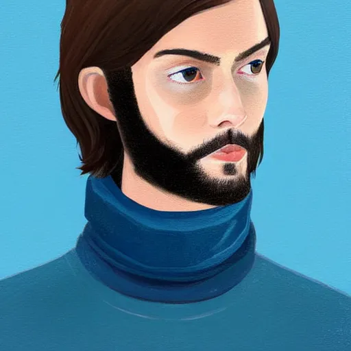 Image similar to gangly brunette man with hair long on top medium down the sides, blond beard, small chin, rectangular face, thin lips, English heritage, small blue eyes, middle aged, wearing a turtleneck and jacket, pale skin, narrow face, digital art, painterly, cartoon, cute, 8k, illustration, art by loish, painterly, trending on artstation, medium shot, uncropped