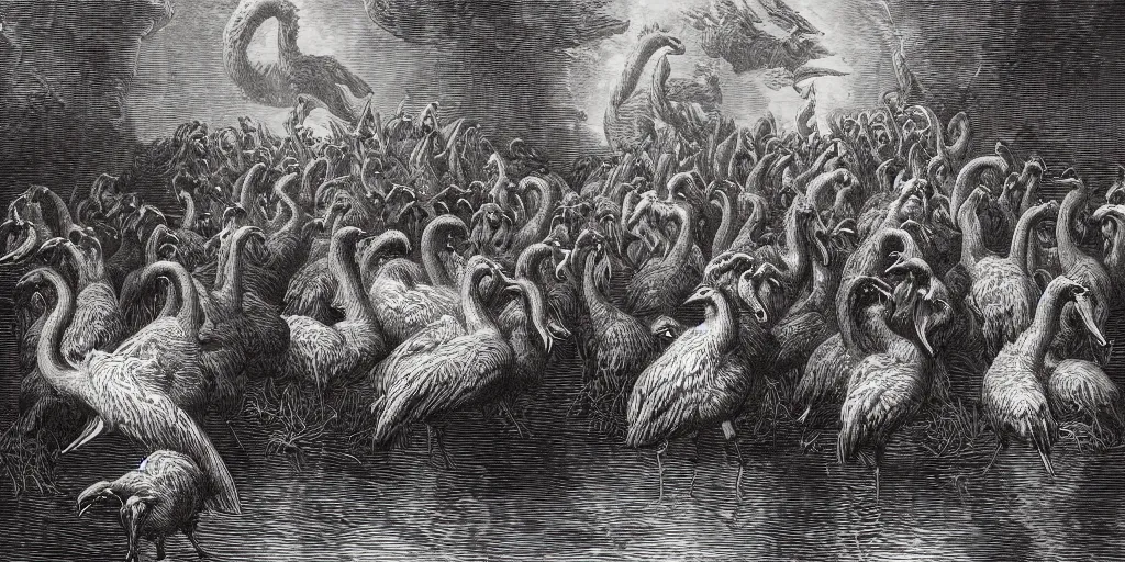 Image similar to cerberus with angry geese as its heads, guarding the gates of hell, art by gustave dore