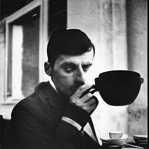 Prompt: grainy abstract expired film photo of a gentleman drinking coffee, 1960s Paris by Henri Cartier-Bresson, 50mm lens cinematic, black and white filter