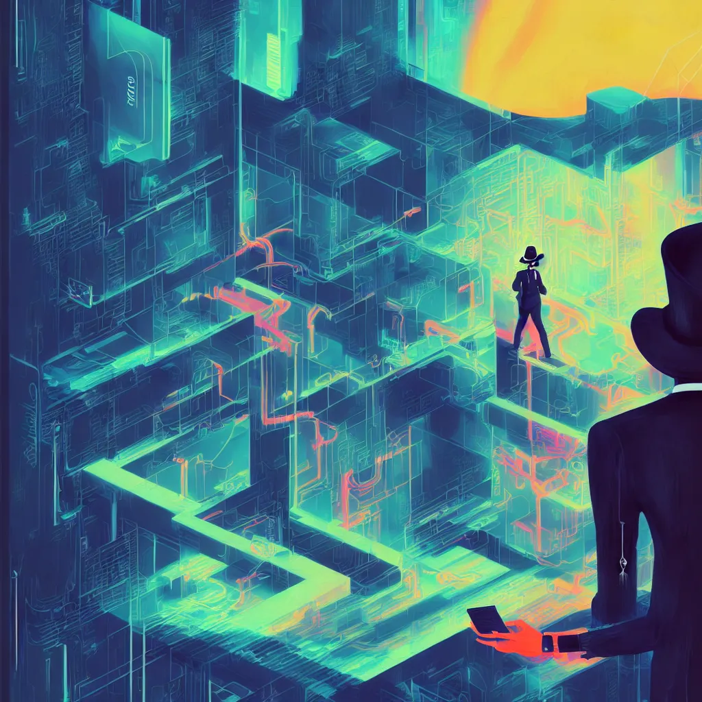 Prompt: illustration of a data-center architecture or schema, security agent with black hat, datastream or river, painting by Jules Julien, Leslie David and Lisa Frank and Peter Mohrbacher and Alena Aenami and Dave LaChapelle muted colors with minimalism