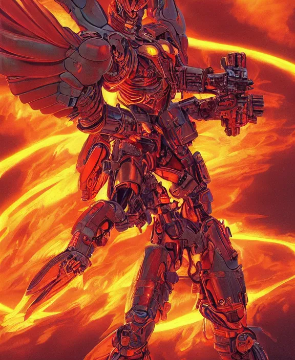 Image similar to a highly detailed 4 k concept art of a fiery angel in a futuristic battle suit pointing directly at the viewer by moebius