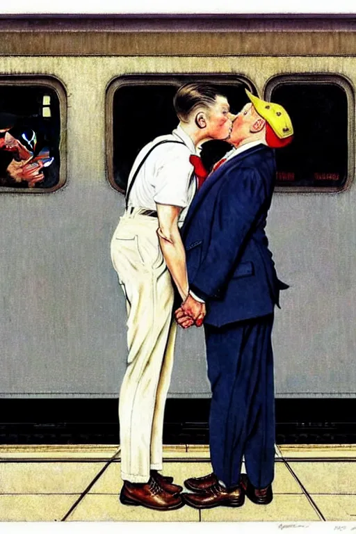 Prompt: gay male couple at a train station, norman rockwell painting of donald trump kissing donald trump