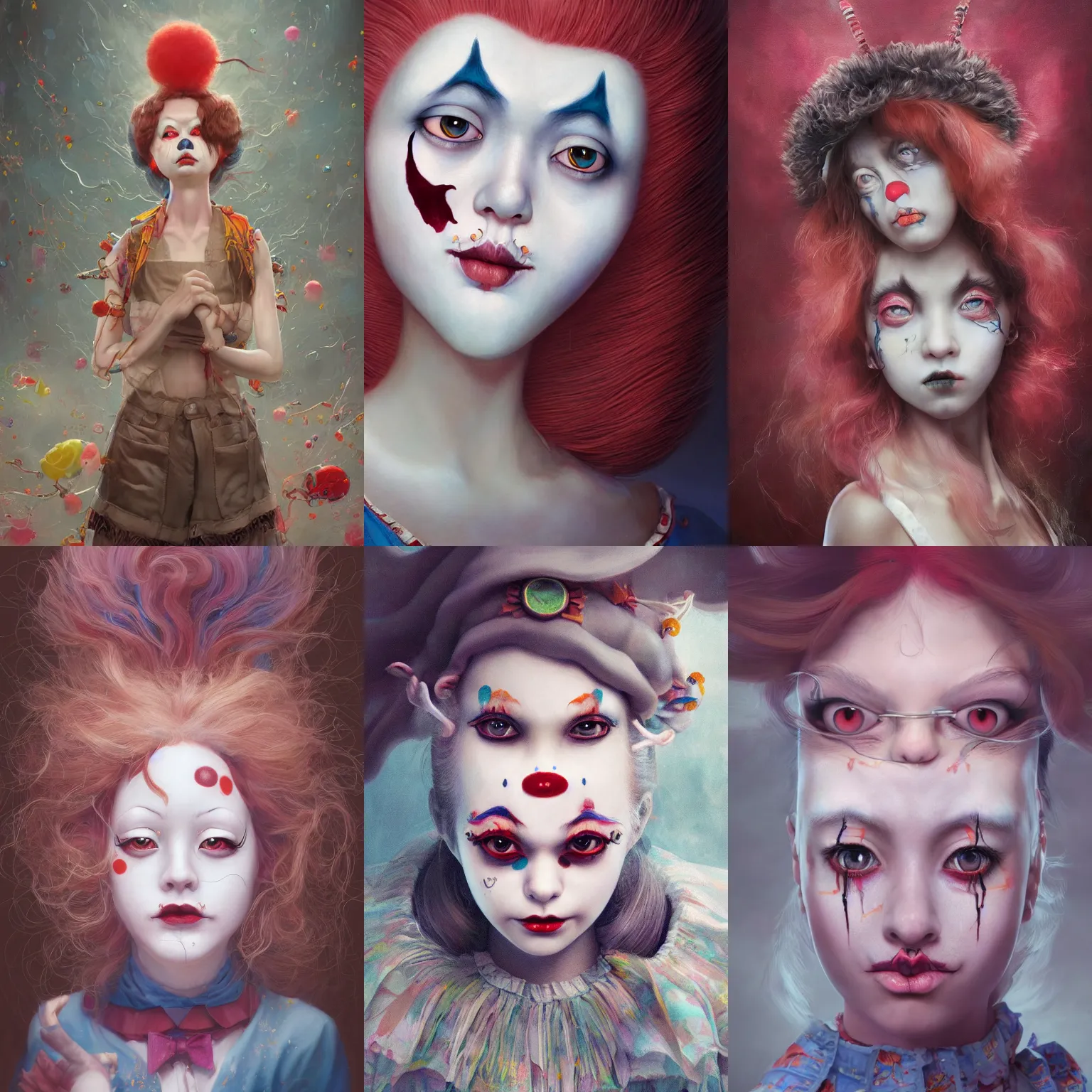 Image similar to breathtaking detailed painting of clown girl , with anxious, piercing eyes, Atari game cover art by Hsiao-Ron Cheng, James jean, Miho Hirano, Hayao Miyazaki, extremely moody lighting, hyperrealistic, octane render, RPG portrait, ambient light, dynamic lighting