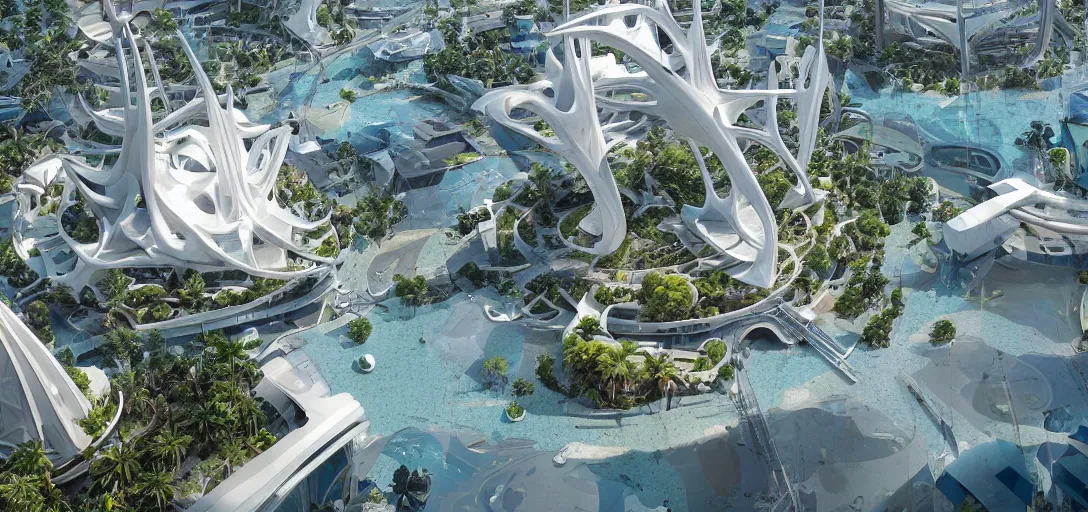 Prompt: highly detailed futuristic floating architecture by Antoni Gaudí and Santiago Calatrava, reflective lighting, empty streetscapes, tropical vegetation, ground-level view, puddles of water, stunning sunny lighting, sunrise, vivid colors, in the style of pixar animation, trending on Artstation, 8k, matte painting, ray tracing, hyper detailed, unreal engine 5, cinematic, epic lighting, cryengine, octane render, cyberpunk, red and orange glow, vibrant