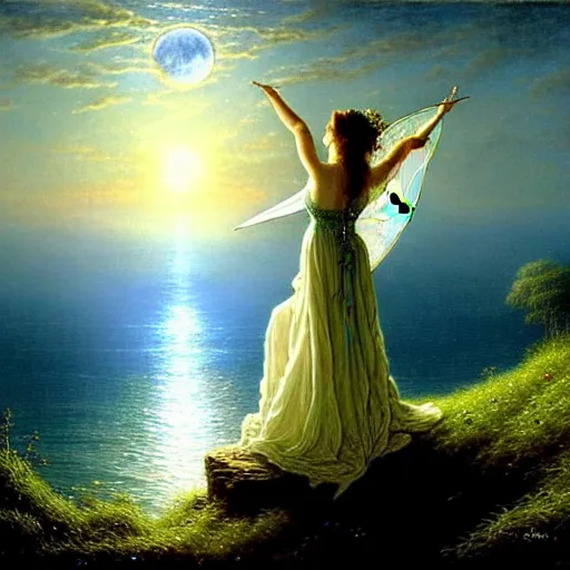 Image similar to an elegant fairy queen in a blue lace dress dancing looking out at a lord of the rings scenery landscape, staring across the sea at a white timber sail boat, sunrise, god's rays highly detailed, vivid colour, soft clouds, full moon, cinematic lighting, perfect composition, gustave dore, derek zabrocki, greg rutkowski, belsinski