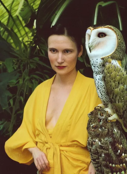 Prompt: grainy head to shoulder portrait Polaroid film photograph of an elegant top model wearing a yellow kimono with a very detailed barn owl on her shoulder!!! in a tropical greenhouse. looking at the camera!!. super resolution. Extremely detailed. Polaroid 600 film. art by Rineke Dijkstraand Annie Leibovitz.