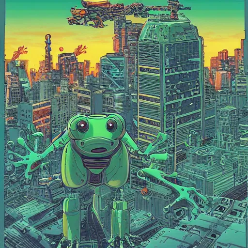 Image similar to huge frog robot devastating the city, by yoichi hatakenaka, masamune shirow, josan gonzales and dan mumford