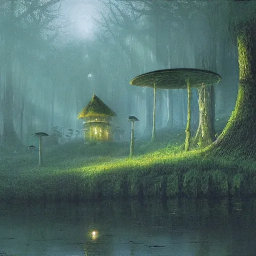 Prompt: a deep forest mushroom village, shrouded in greenish mist. on the edge of a pond that is shimmering in the moonlight, mystical landscape by John Howe