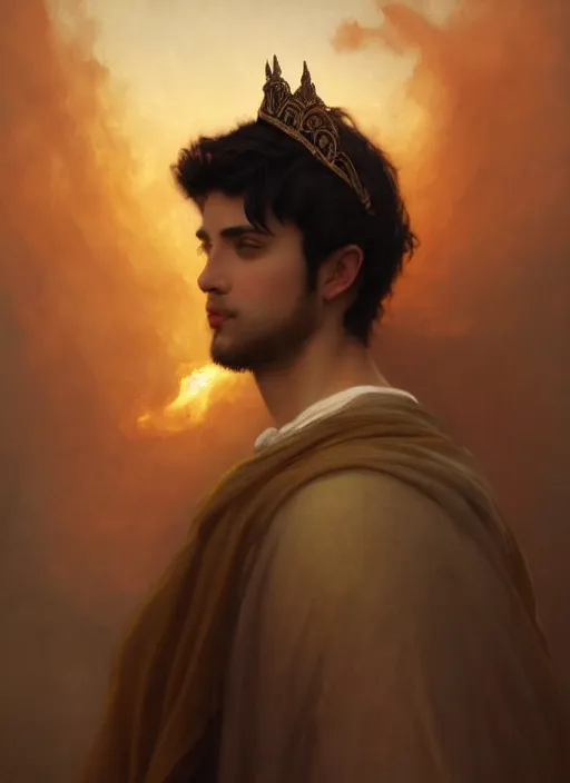 Image similar to oil painting of a handsome young man with dark hair, wearing a crown of fire!! at sunset, and a long cloak, hazy, digital art, chiaroscuro, artstation, cinematic, golden hour, digital art painting by greg rutkowski, william - adolphe bouguereau, hazy atmosphere, cinematic lighting