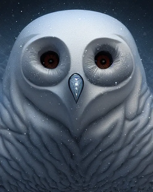 Prompt: an extremely detailed masterpiece surreal closeup of a snow owls face, in the style of brian froud, brian despain, brian bolland, digital art, unreal engine, volumetric lighting, dark moody lighting, post apocalyptic, 4 k