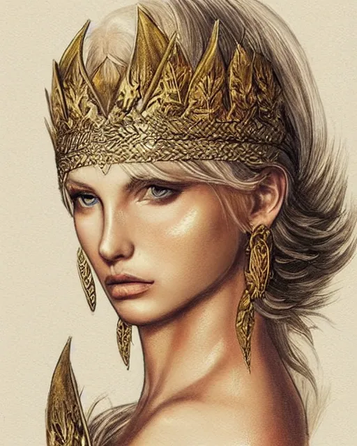 Image similar to tattoo design sketch of hot blonde super model as aphrodite greek goddess wearing a gold laurel wreath and triangle earrings, beautiful piercing gaze with sharp pupils, in the style of greg rutkowski, fantasy, amazing detail, epic, elegant, smooth, sharp focus, front view