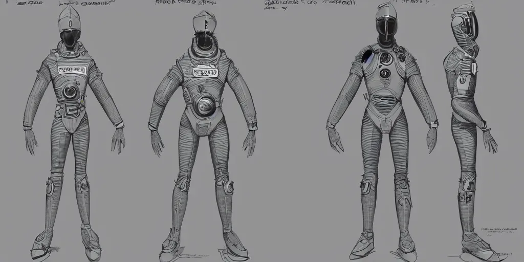 Prompt: male, space suit, character sheet, concept art, stylized, large shoulders, short torso, long thin legs, cartoon proportions, concept design, by jean giraud