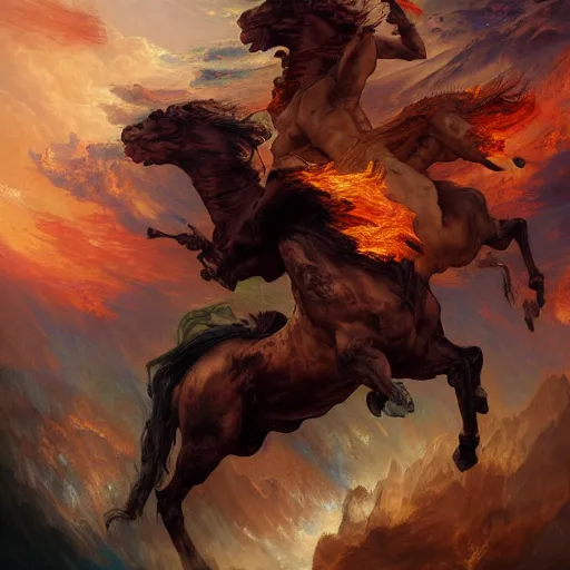 Prompt: a beautifull painting of the four horsemen of the apocalypse, riding from hell, fiery hell in the background, fear, anger, chaos, verry high details by william turner art, greg rutkowski and alphonse mucha, trending on artstation, very very detailed, masterpiece, vibrant colors