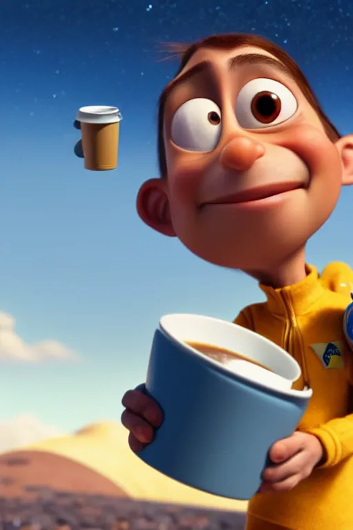 Image similar to portrait of a astronaut holding a cup of coffee with the earth in background, full body. pixar disney 4 k 3 d render funny animation movie oscar winning trending on artstation and behance, ratatouille style