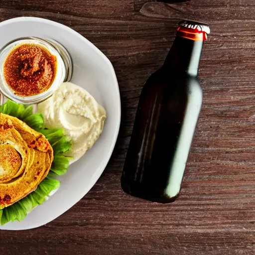 Image similar to a hummus plate with a beer bottle, food photography