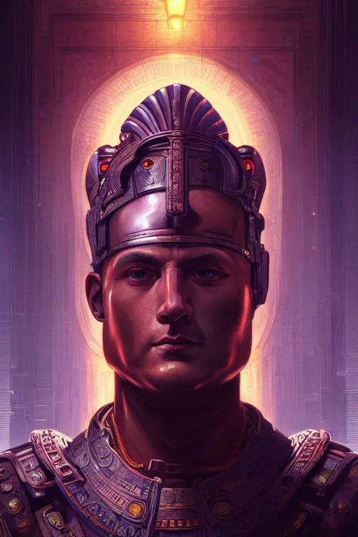 Image similar to ancient rome emperor in cyberpunk style, neon glow, realistic portrait, symmetrical, highly detailed, digital painting, artstation, concept art, smooth, sharp focus, illustration, cinematic lighting, art by artgerm and greg rutkowski and alphonse mucha