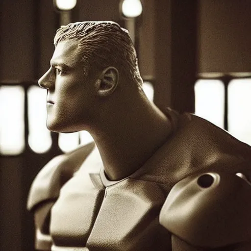 Image similar to “a realistic detailed photo of a guy who is an attractive humanoid who is half robot and half humanoid, who is a male android, football player JJ Watt, shiny skin, posing like a statue, blank stare”