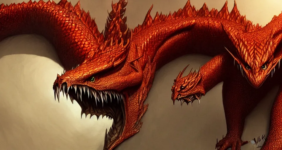 Prompt: Smaug, realistic artwork on artstation, highly detailed