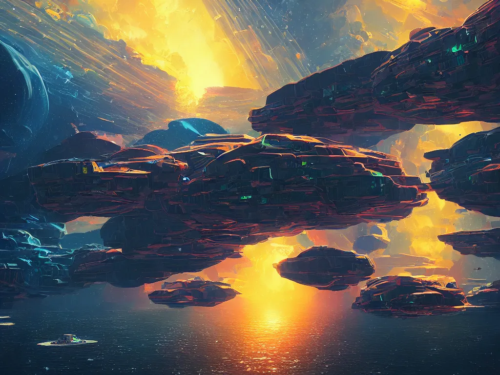 Image similar to floating asteroid mining colony by alena aenami, petros afshar