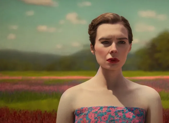 Prompt: cinematic mid shot of a high detail, refined woman's face looking off camera. fine facial features. she stands in an empty, pastel colourful 3 d, lake scene, shallow depth of field, floating in the sky, by jeffrey smart and gregory crewdson and edward hopper, inspired by the grand budapest hotel