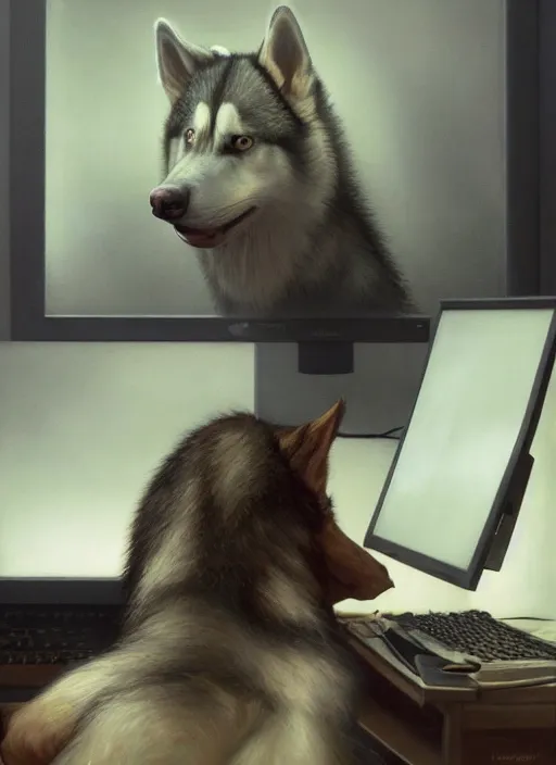 Prompt: insanely detailed chiaroscuro image of a exhausted - looking husky casually - dressed programmer guy on his knees facing his glowing ultrawide computer monitor monitor begging it for forgiveness, oil on canvas, masterwork, fine detail, trending on artstation, emotive, insanely compelling, ryden, koons, moebius