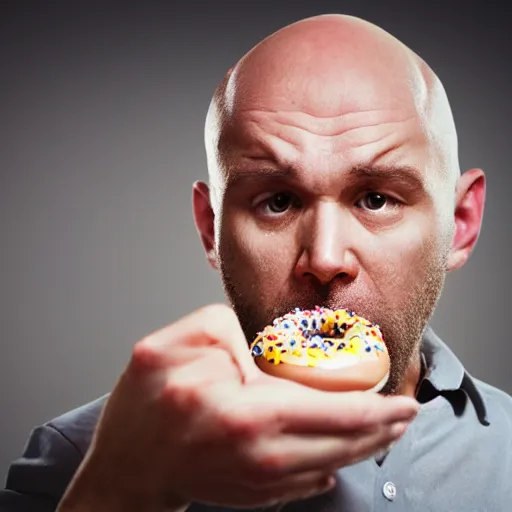 Prompt: a photo of a balded man arguing at a donut, close up, photorealistic