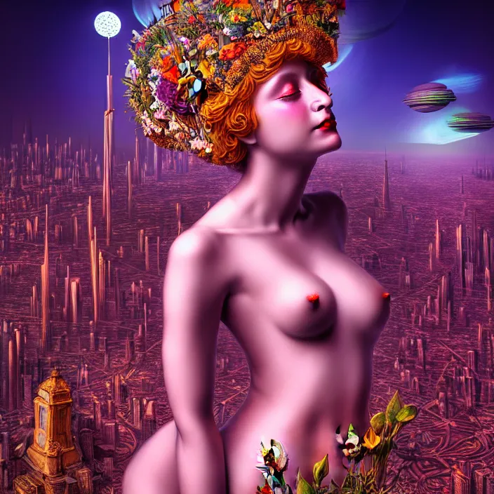 Image similar to Beautiful 3d render of the flower queen goddess in a sensual pose, in the style of Johfra Bosschart, with a crowded futuristic cyberpunk city in the background, astrophotgraphy