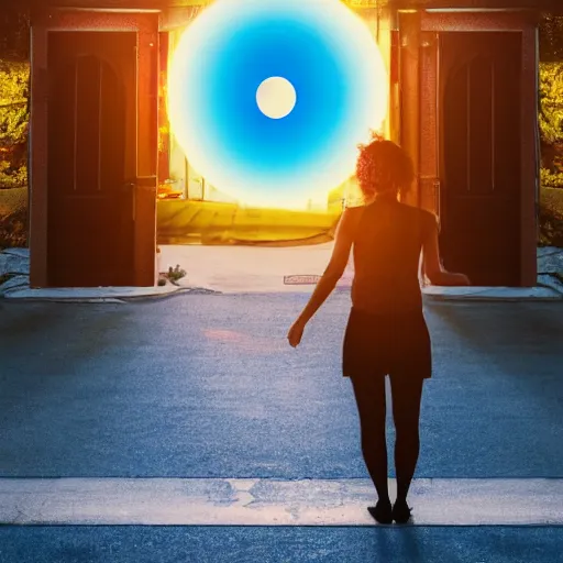 Image similar to a woman facing an portal on the street. the street leads dozen a city. the portal is oval, upright and surrounded by blue energy. the portal leads to a beach at sunset