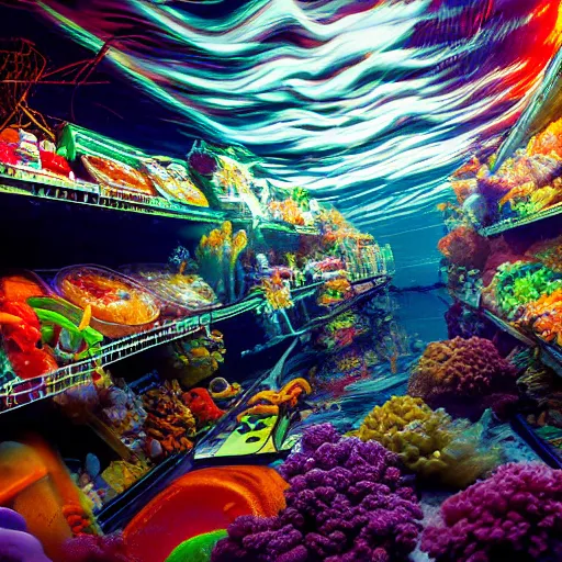 Prompt: dreamlike film photography of a well stocked supermarket shelves at night underwater in front of colourful underwater clouds by Kim Keever. In the foreground floats a seasnake. low shutter speed, 35mm