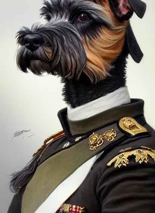 Image similar to portrait of stoic looking miniature schnauzer, military uniform, black fir, white eyebrows, fantasy, intricate, elegant, highly detailed, centered, dark, smokey, digital painting, artstation, concept art, smooth, sharp focus, illustration, art by artgerm and greg rutkowski and alphonse mucha