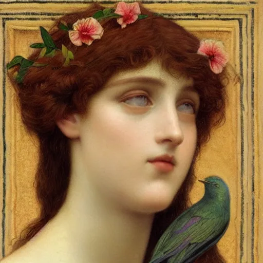 Prompt: Beautiful Pre-Raphaelite goddess of nature holding a little bird, in the style of John William Godward, close-up portrait, head in focus, flowers and plants, etheric, moody, intricate, mystical,