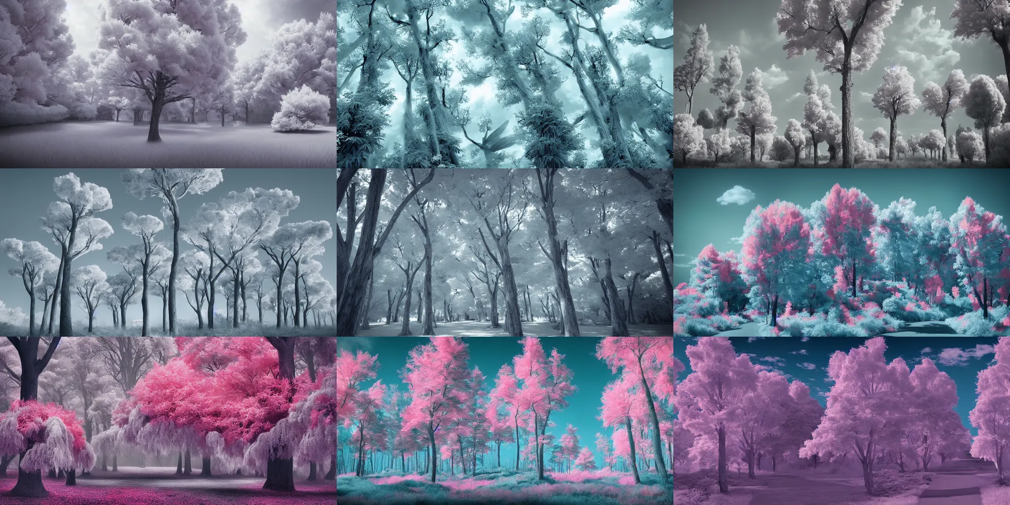 Prompt: beautiful daytime infrared trees, channel swapped, featured on artstation, cgsociety, behance hd