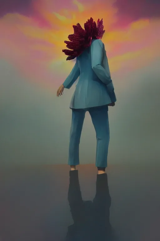 Image similar to closeup giant dahlia flower head, frontal, girl in a suit, standing in street, surreal photography, sunrise, dramatic light, impressionist painting, digital painting, artstation, simon stalenhag