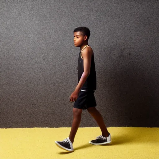 Prompt: black teenage boy wearing a white tank top, walking in a room with yellow walls and brown carpet